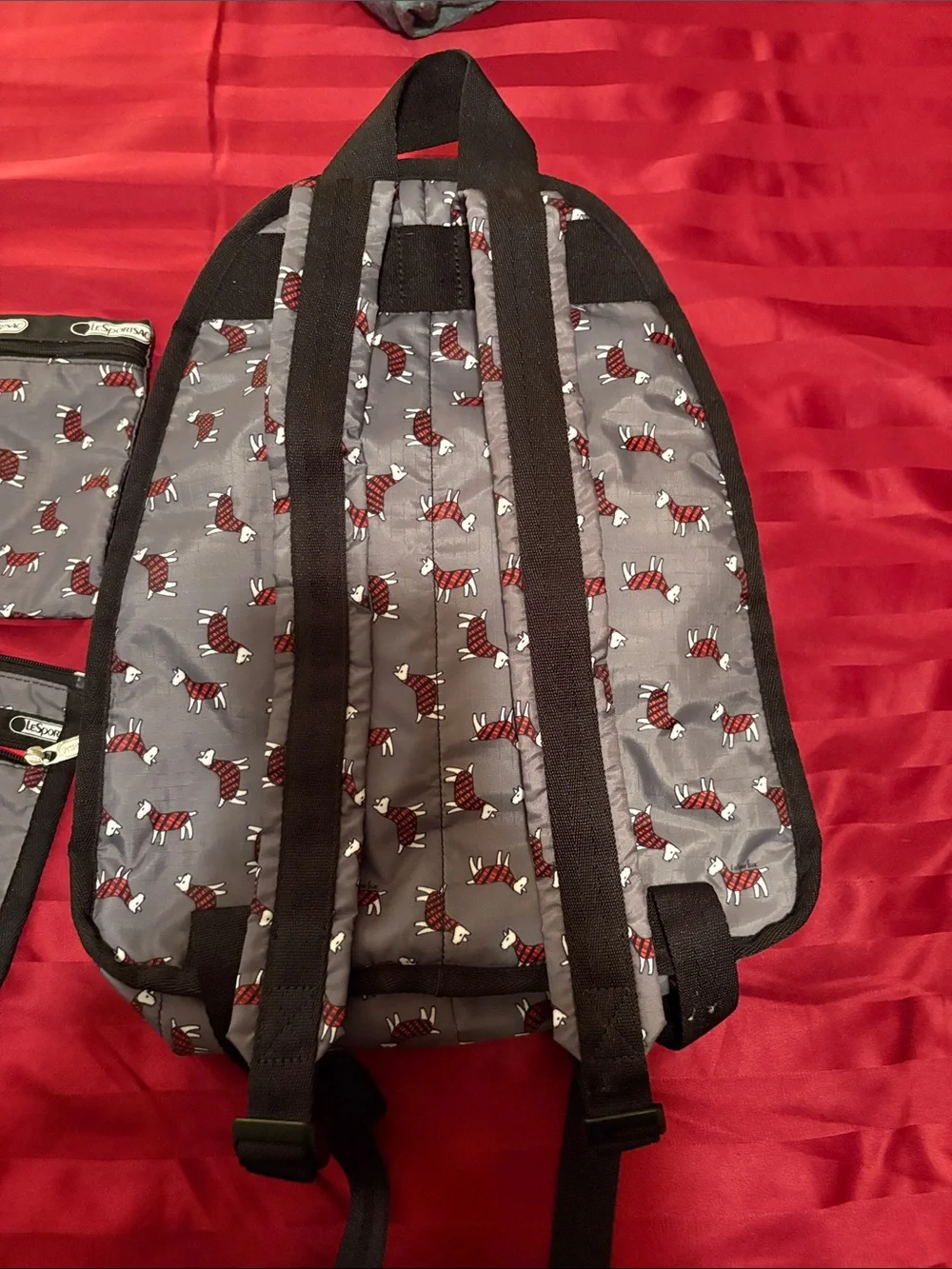 Lesportsac Gray Backpack Set with Red, White, and Black Dog Print